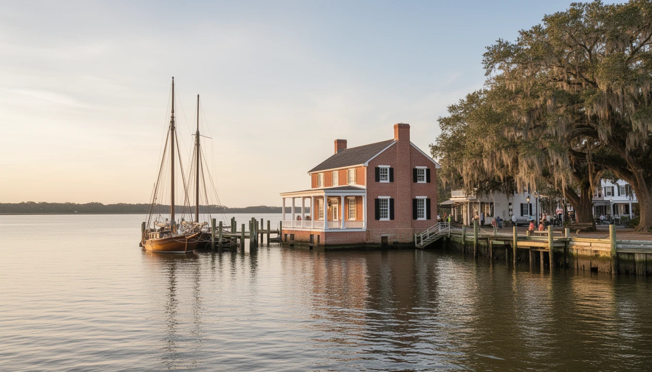 Brick house and moored sailboats on Edenton Bay near the Barker House waterfront