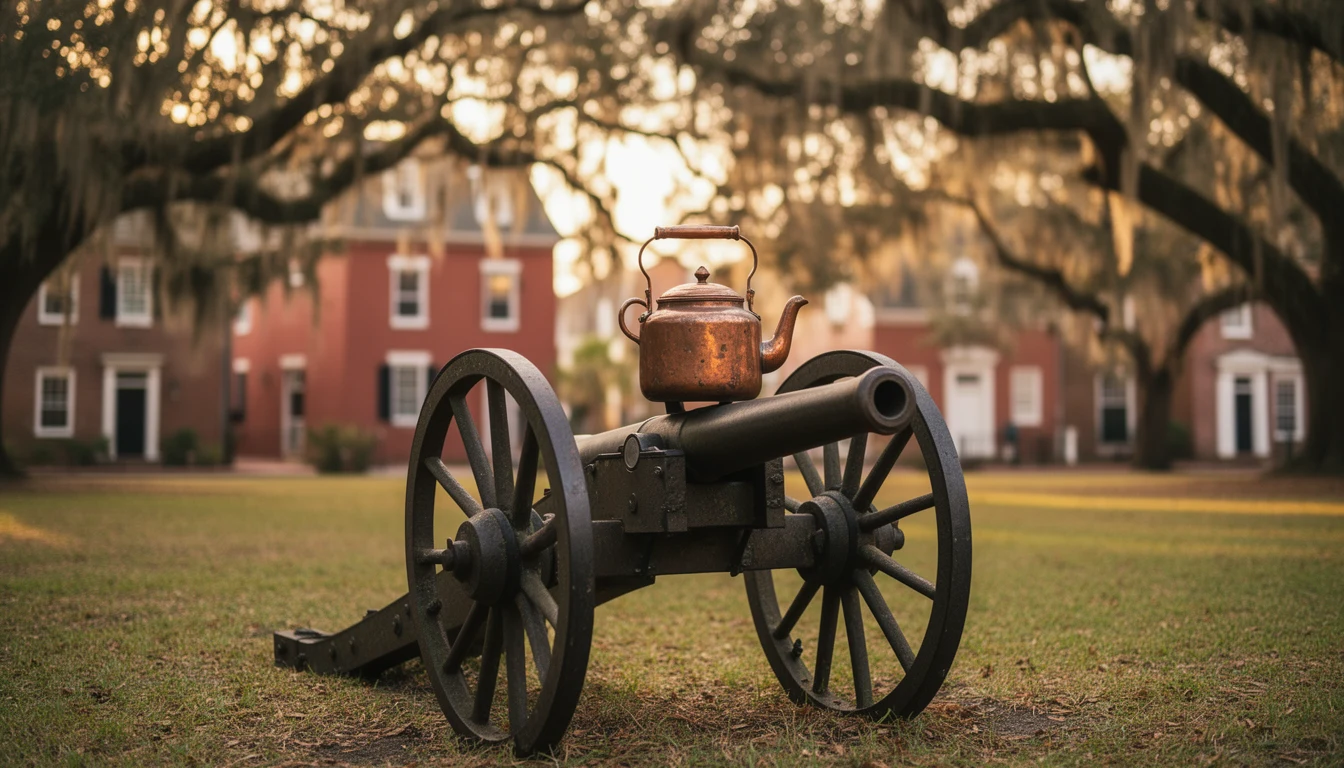 Copper teapot mounted on a Revolutionary-era cannon at the edge of Edenton's courthouse green