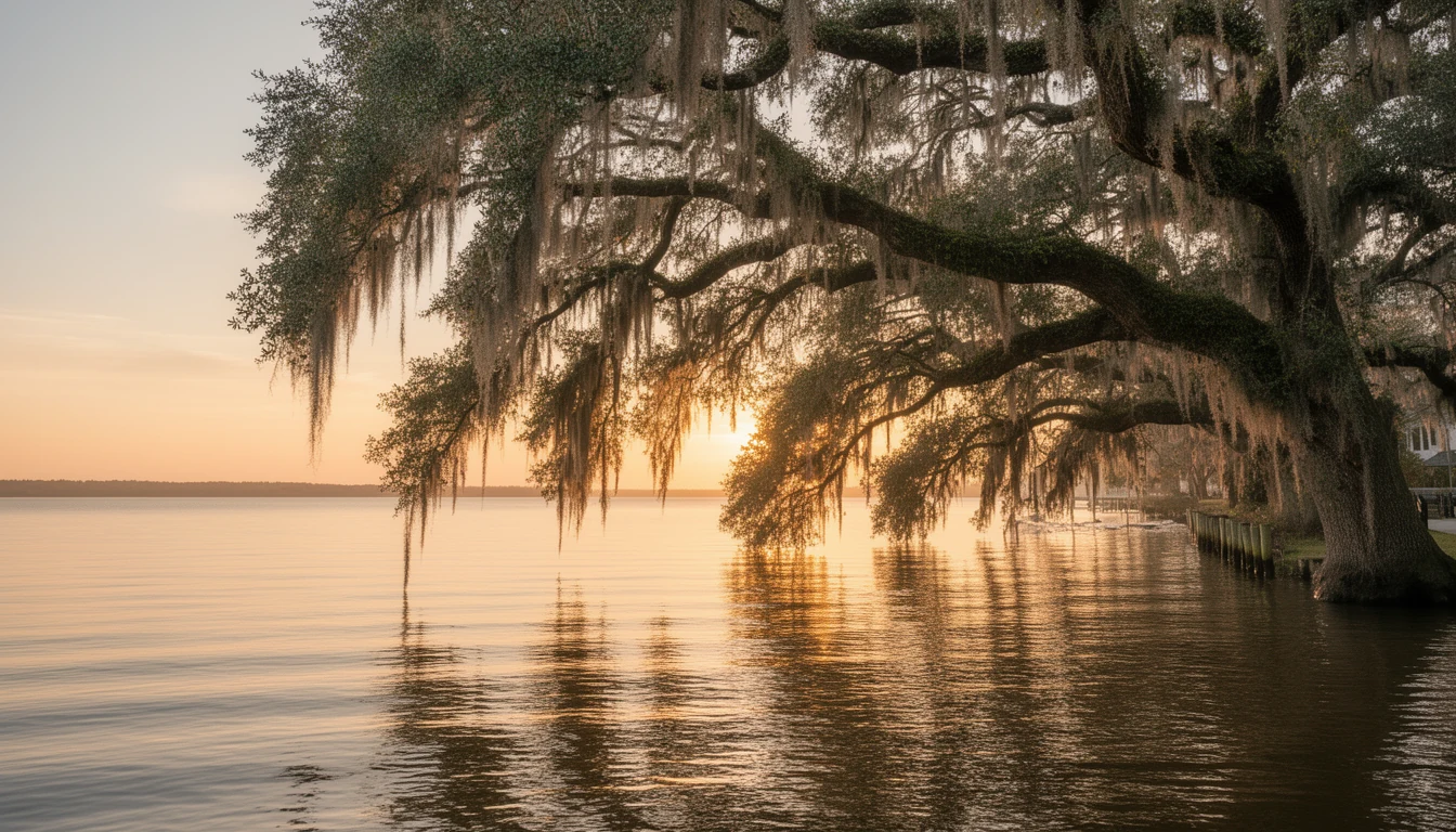 Live oak draped in Spanish moss leaning over calm water at sunrise on the Albemarle Sound near Edenton