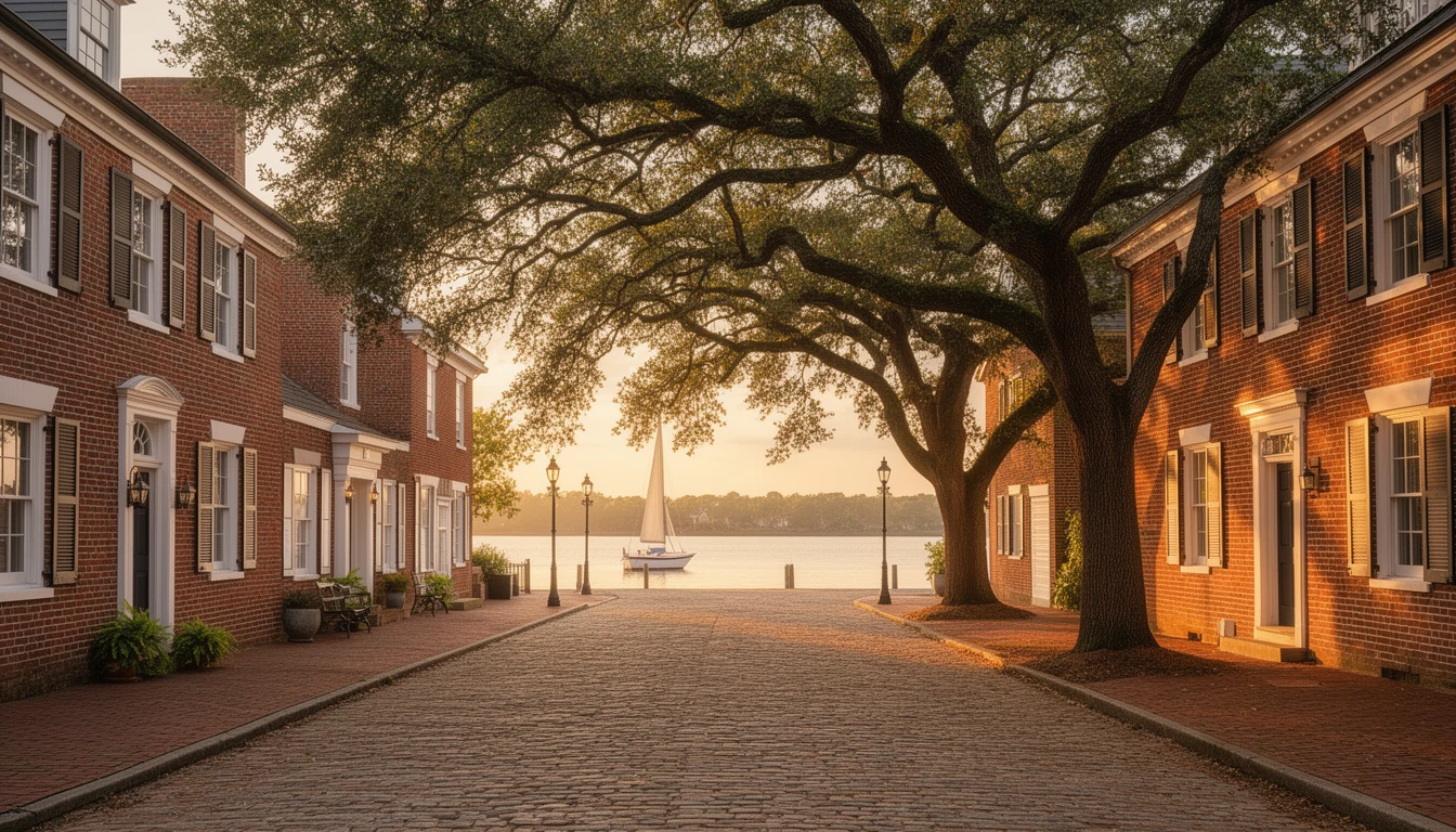 Historic district street and waterfront in Edenton, North Carolina, with the Albemarle Sound in the distance