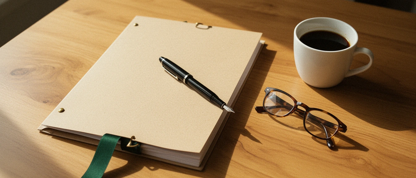 A closed document folder, pen, reading glasses, and a cup of coffee arranged on a wooden table in soft morning light