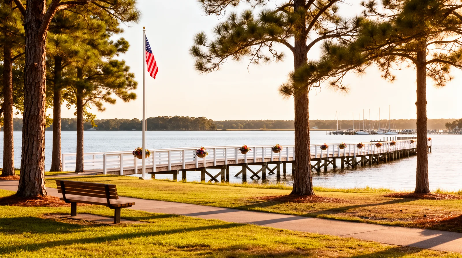 Golden-hour view of the Edenton waterfront on Edenton Bay with a wooden pier, pines, and calm water