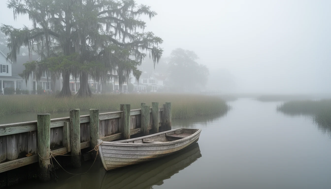 Timber bulkhead and a weathered wooden rowboat on the Edenton waterfront in morning fog