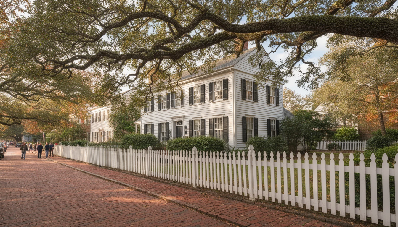 Brick sidewalk and white picket fence in front of a Georgian-style house on a tree-lined street in Edenton, North Carolina