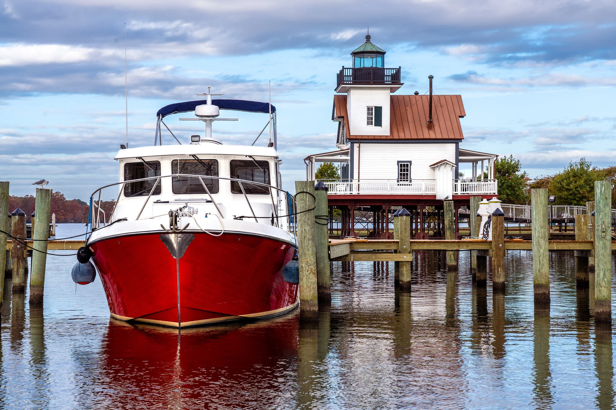 Red Boat in the Harbor at Edenton Bay North Carolina