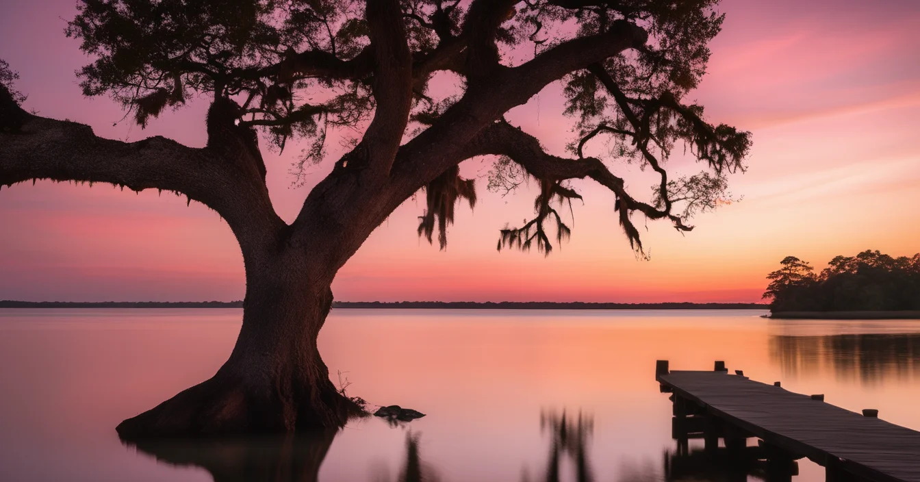 Golden hour on the Edenton waterfront, live oaks framing a historic home on the Albemarle Sound