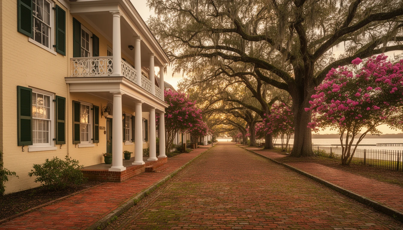 Federal-style brick home with dark green shutters on a brick-lined street in Edenton's historic district, live oaks overhead
