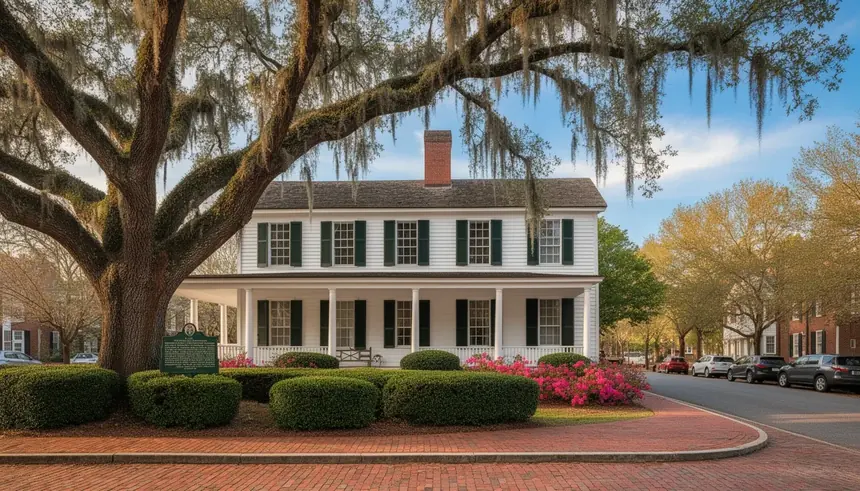 A shaded colonial-era street in the style of Edenton's historic district