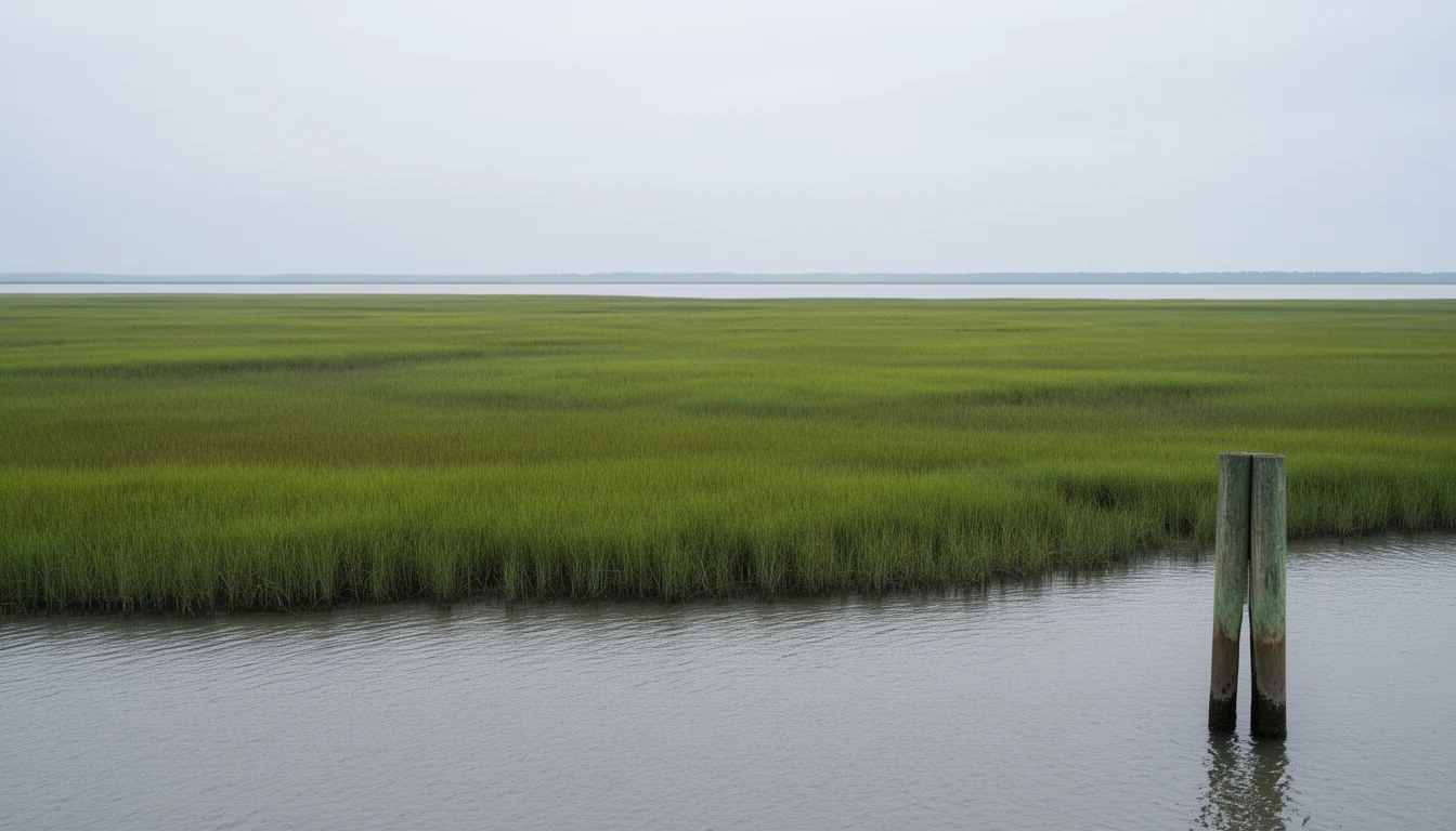 Marsh grass meeting the calm water of the Albemarle Sound along a low Chowan County shoreline
