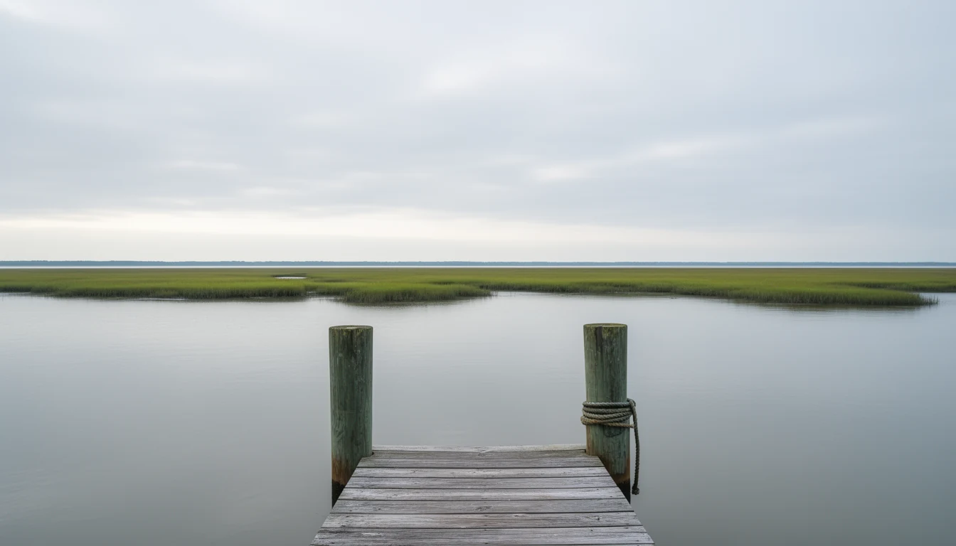 Calm Albemarle Sound water seen from a weathered wooden dock at the Edenton waterfront, with marsh grass along the far bank in morning light