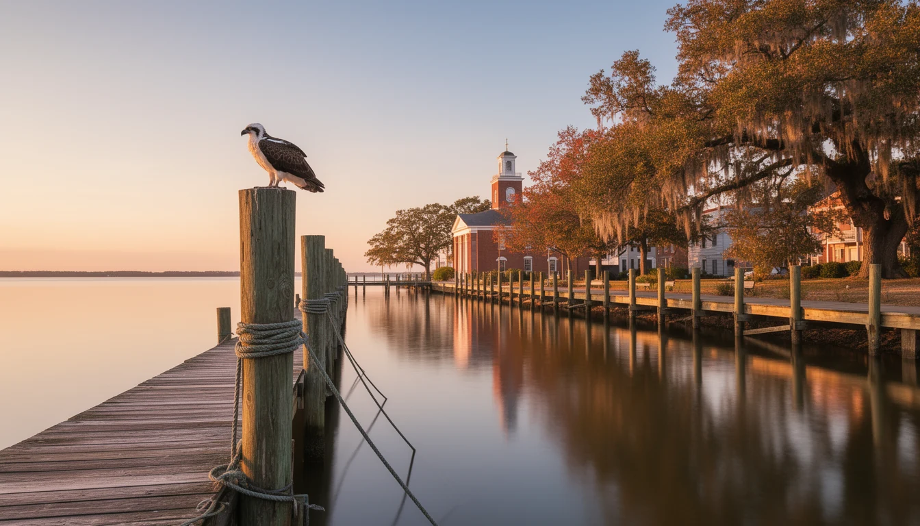 Morning view of the Edenton waterfront park and Albemarle Sound from the historic district