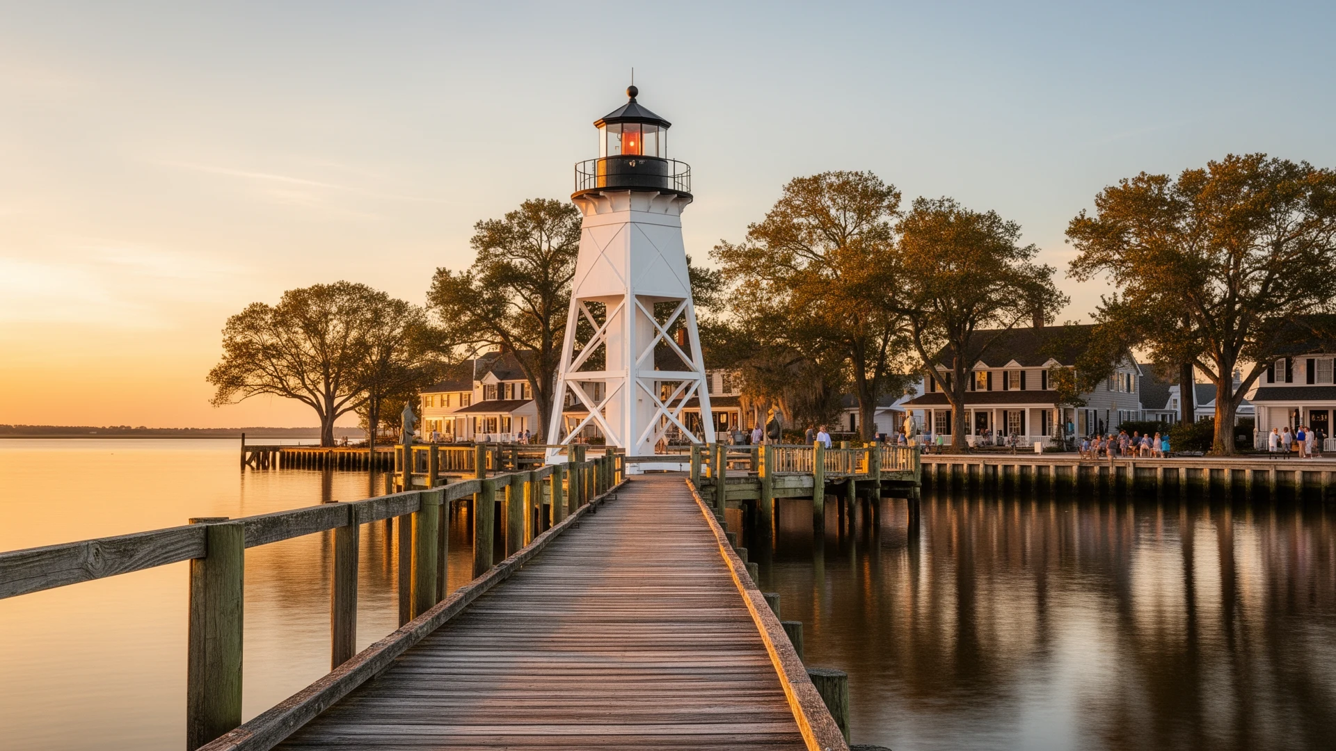 The Roanoke River Lighthouse on the Edenton waterfront over the Albemarle Sound at golden hour