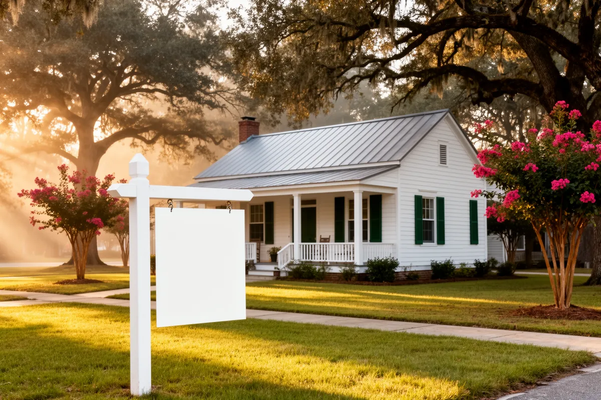 A real estate sign post with a blank panel in the front lawn of a white clapboard farmhouse with a deep porch, late-afternoon light, eastern North Carolina